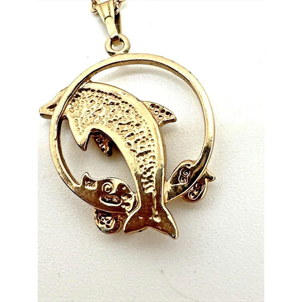 Vintage Leaping Dolphin Pendant Necklace Goldstone Gold Tone Jumping 18
